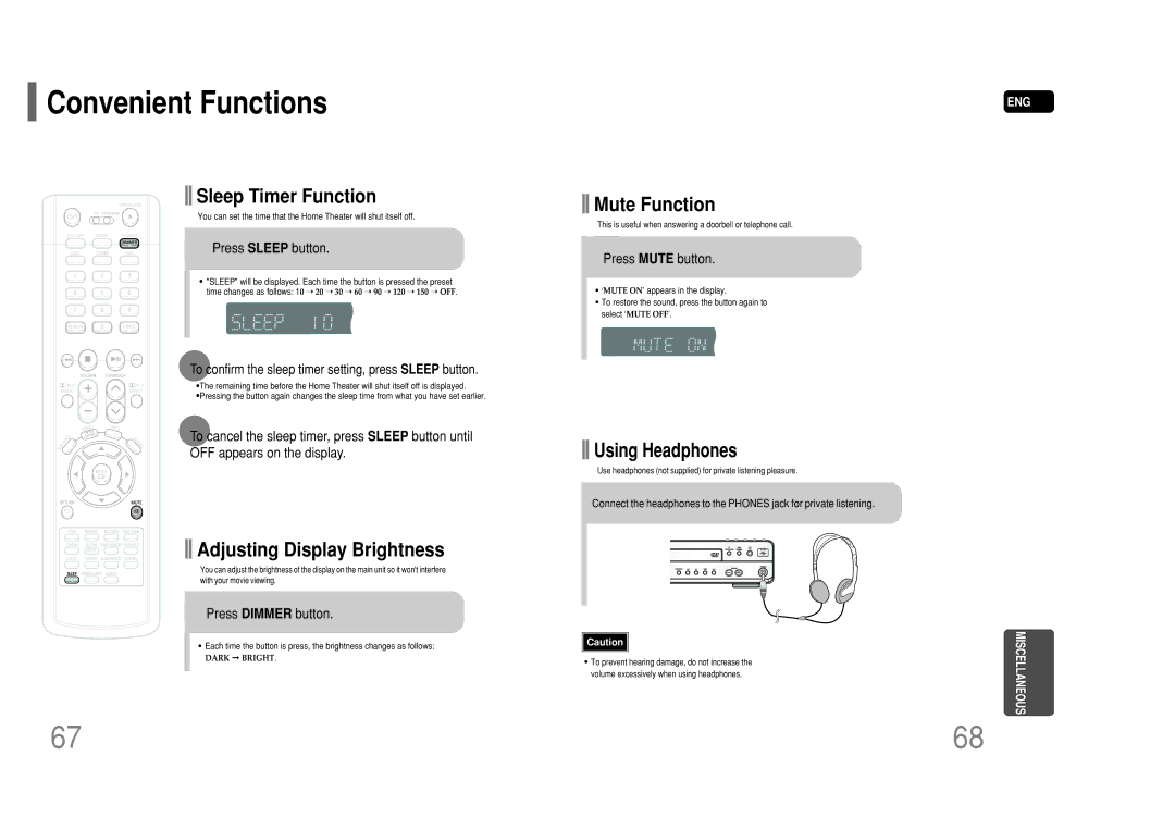 Samsung HT-P50 instruction manual Convenient Functions, Press Sleep button, Press Dimmer button, Press Mute button 