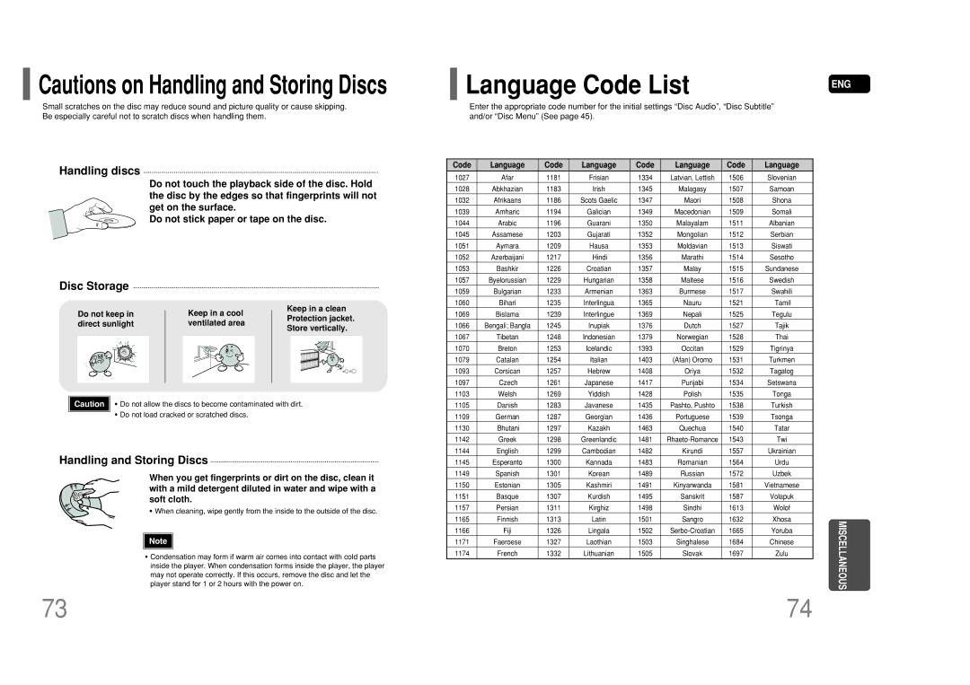 Samsung HT-P50 instruction manual Language Code List, Handling discs 