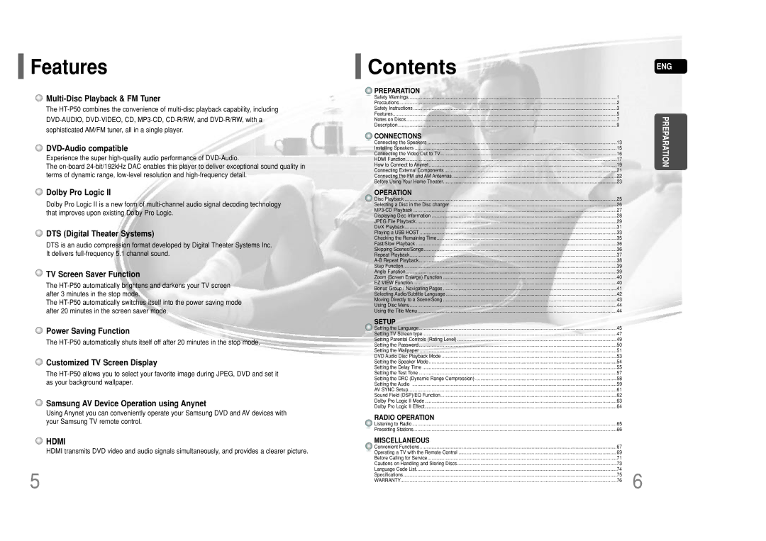 Samsung HT-P50 instruction manual Contents 