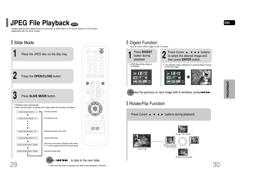 Samsung HT-P50 instruction manual JPEG File Playback JPEG, Slide Mode, Digest Function, Rotate/Flip Function, Operation 