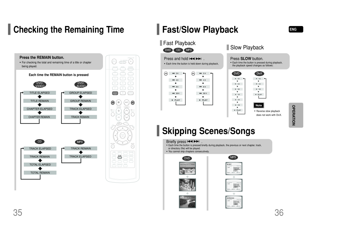 Samsung HT-P50 Fast/Slow Playback, Skipping Scenes/Songs, Checking the Remaining Time, Fast Playback, Press and hold 
