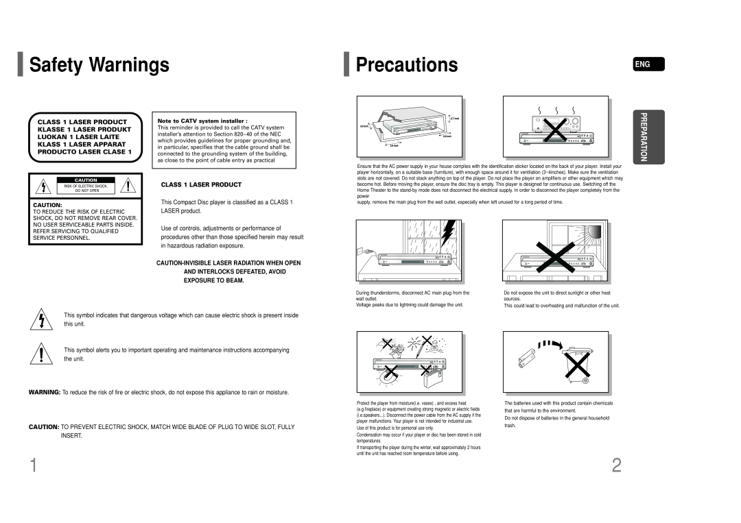 Samsung HT-P50 instruction manual Safety Warnings, PrecautionsENG, Preparation, CLASS 1 LASER PRODUCT 