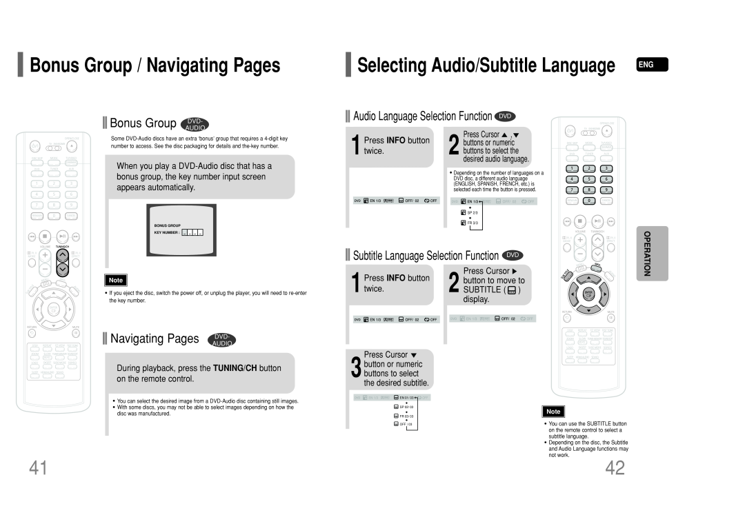 Samsung HT-P50 Bonus Group / Navigating Pages, Bonus Group DVD, Navigating Pages DVD, Press INFO button twice, Audio 