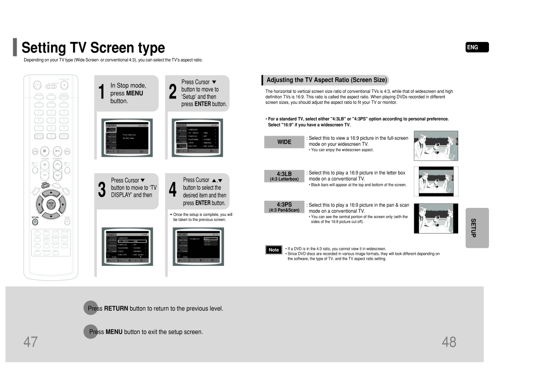 Samsung HT-P50 Setting TV Screen type, Adjusting the TV Aspect Ratio Screen Size, WIDE 4 3LB, 4 3PS, button to move to ‘TV 