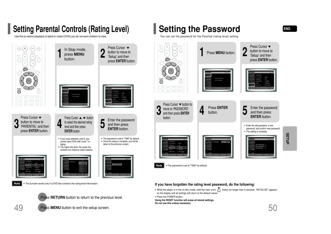 Samsung HT-P50 Setting the Password, Press MENU button, Enter the password 5 and then press ENTER button, Press ENTER 