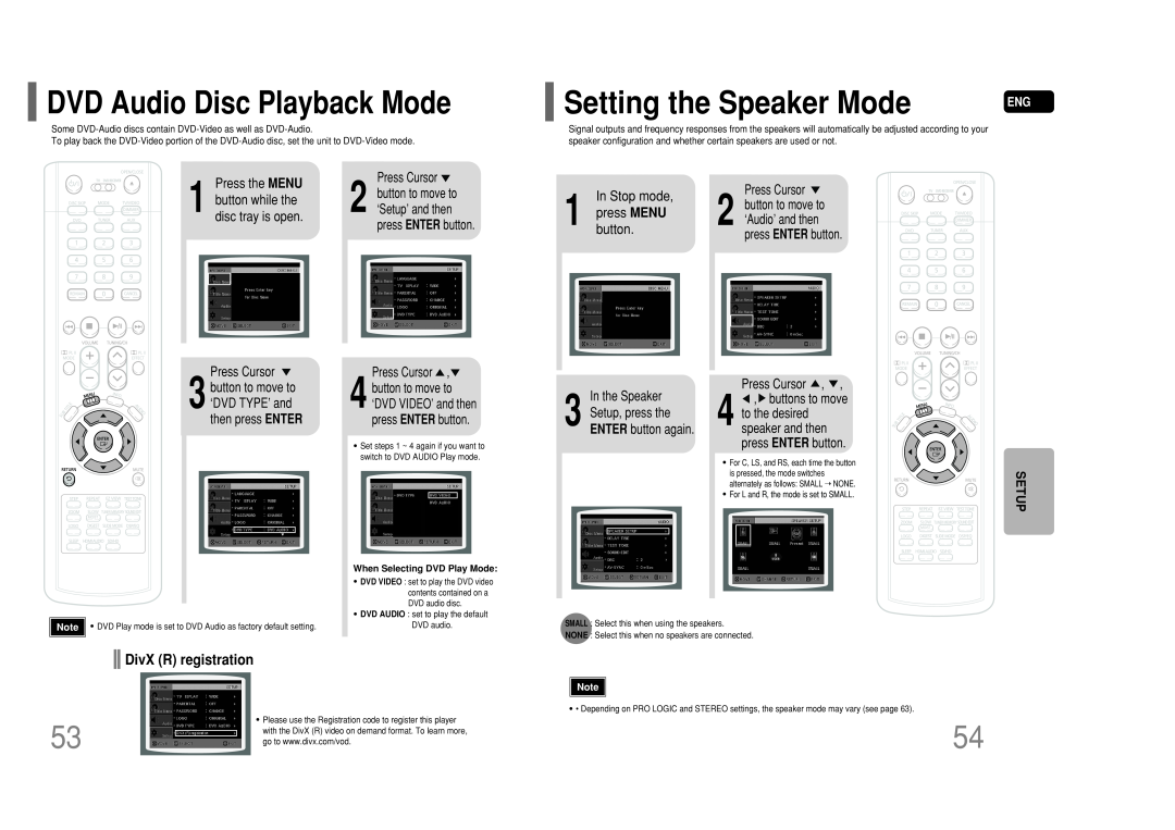 Samsung HT-P50 instruction manual Setting the Speaker Mode, DVD Audio Disc Playback Mode, DivX R registration, Setup 