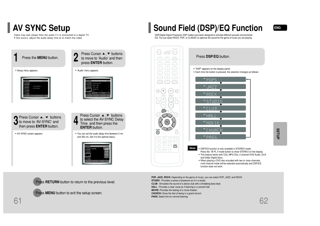 Samsung HT-P50 instruction manual AV SYNC Setup, Sound Field DSP/EQ Function 