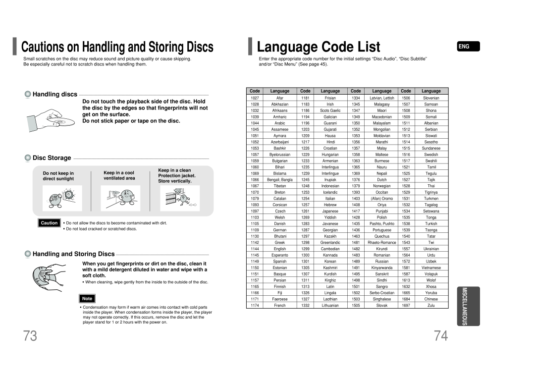 Samsung HT-P50 Language Code List, Cautions on Handling and Storing Discs, Handling discs, Disc Storage, Miscellaneous 