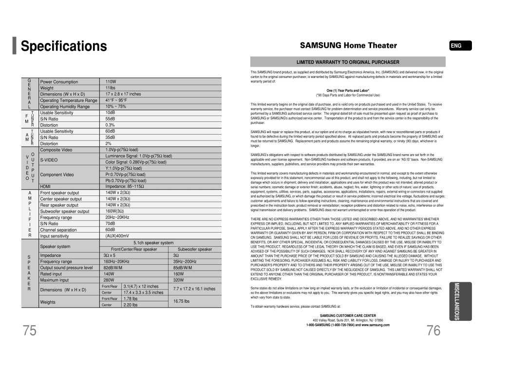 Samsung HT-P50 instruction manual Specifications, SAMSUNG Home Theater 