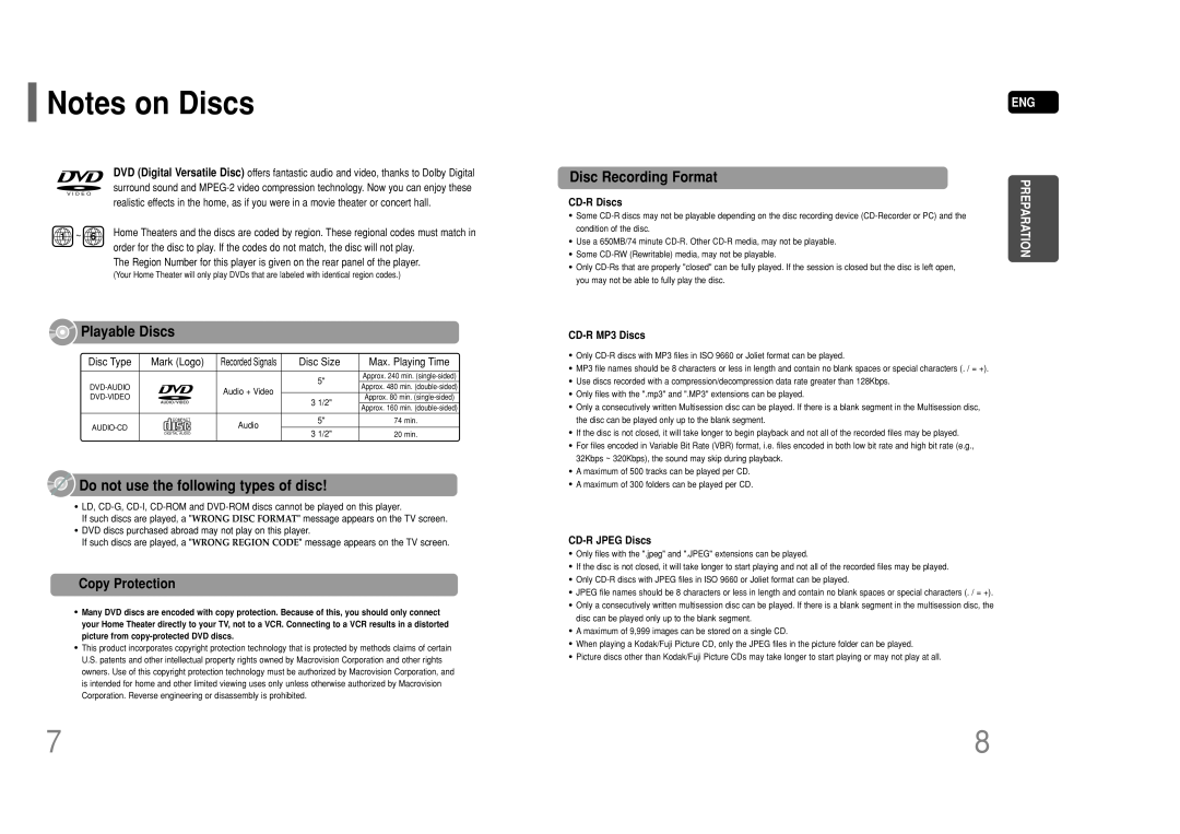 Samsung HT-P50 Notes on Discs, Playable Discs, Do not use the following types of disc, Disc Recording Format 