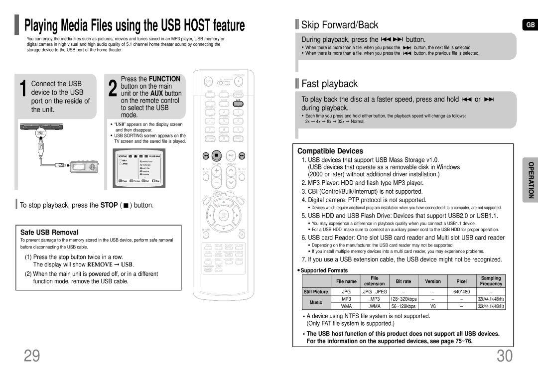 Samsung HT-P70, HT-TP75 instruction manual Compatible Devices, To stop playback, press the Stop button, Safe USB Removal 