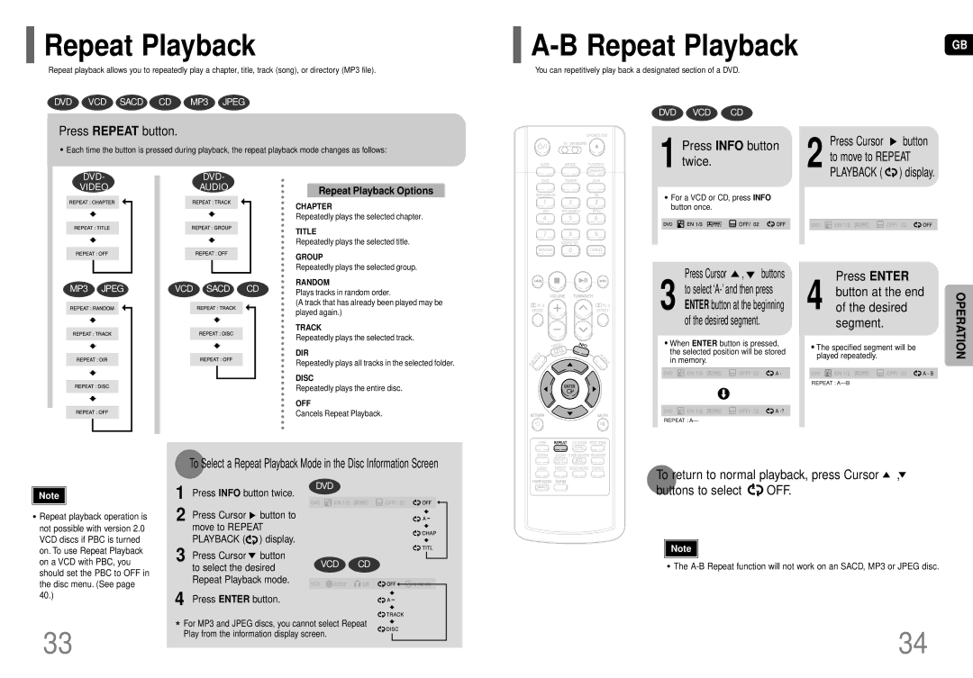 Samsung HT-P70, HT-TP75 Repeat Playback, Press Repeat button, Press Enter, Button at the end of the desired segment 