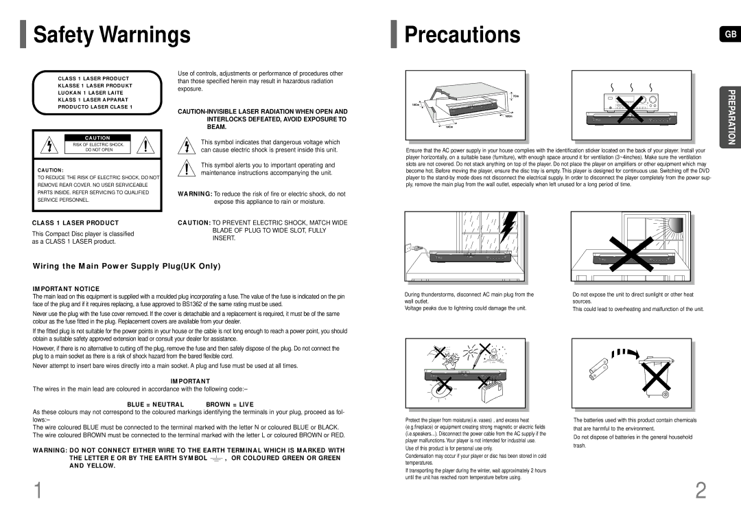 Samsung HT-P70, HT-TP75 instruction manual Safety Warnings PrecautionsGB, Class 1 Laser Product 