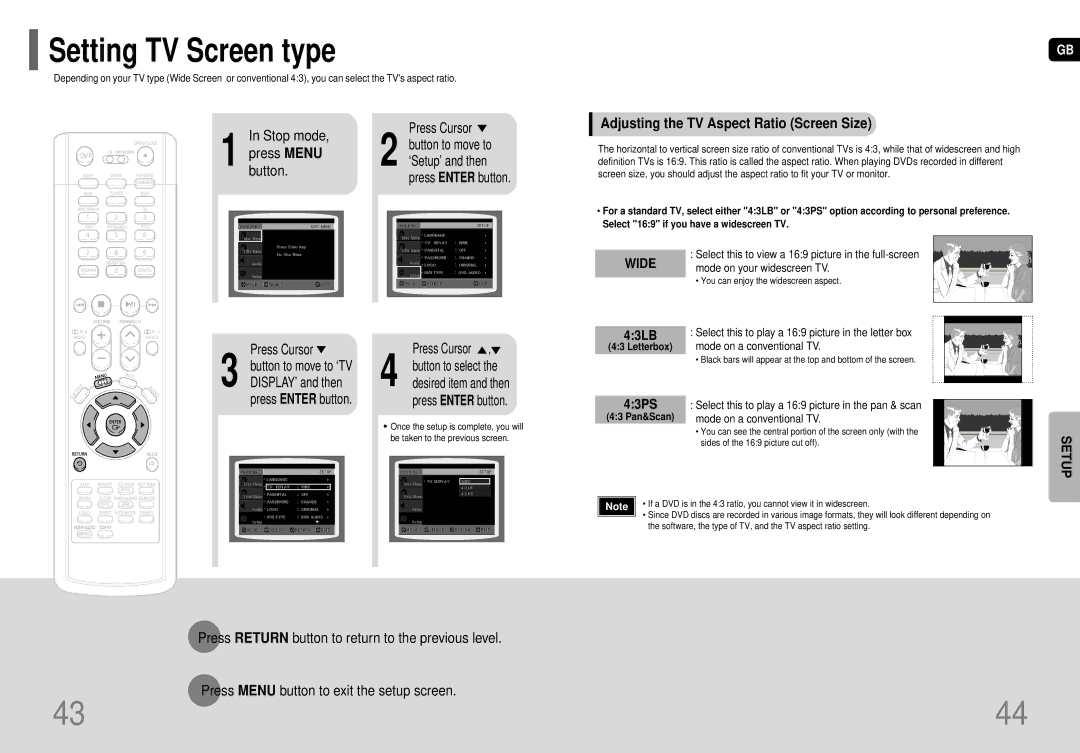 Samsung HT-TP75, HT-P70 Setting TV Screen type, Button, Adjusting the TV Aspect Ratio Screen Size, ‘Setup’ and then 