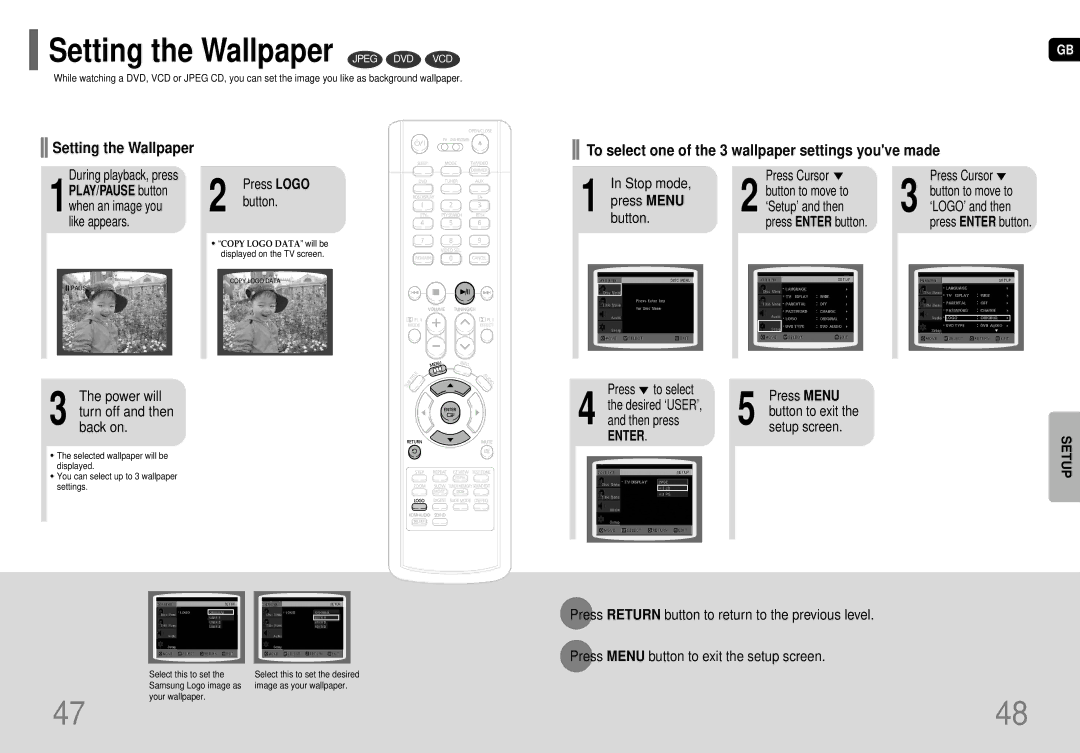 Samsung HT-TP75, HT-P70 Setting the Wallpaper Jpeg DVD VCD, To select one of the 3 wallpaper settings youve made 