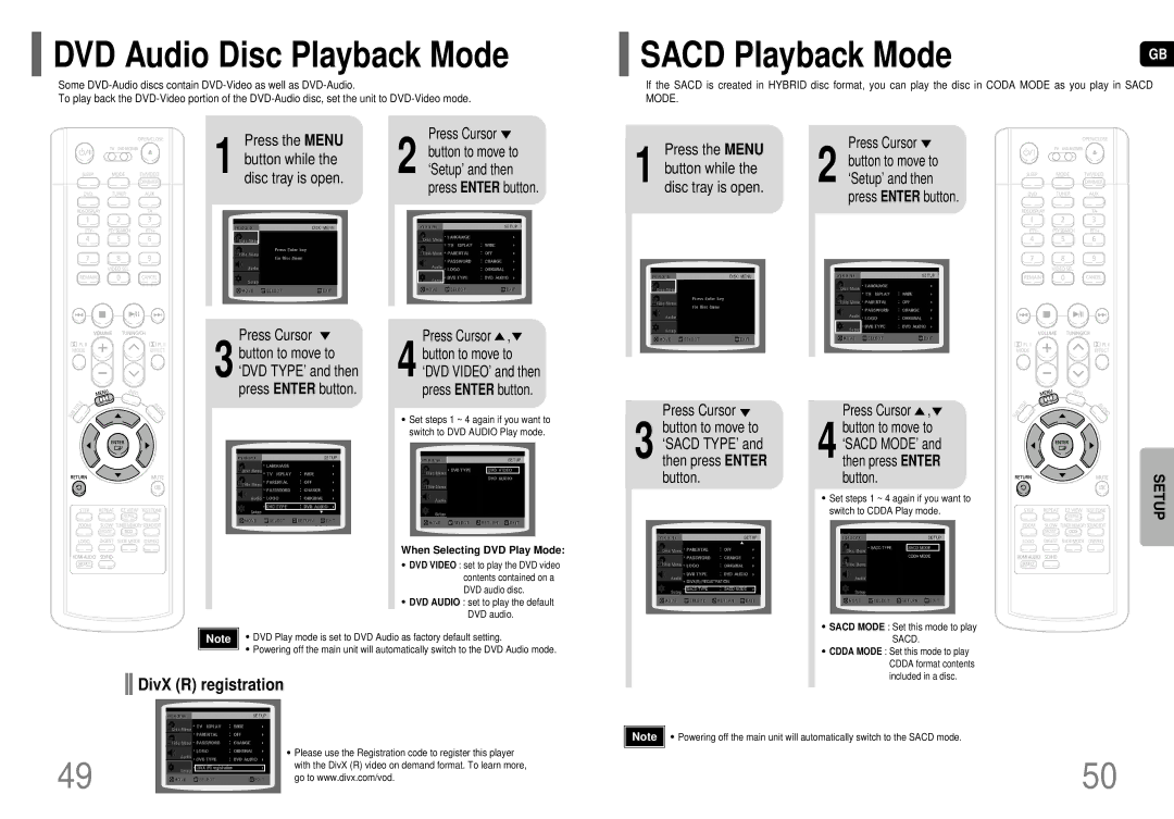 Samsung HT-P70, HT-TP75 DVD Audio Disc Playback Mode, DivX R registration, Press the Menu Press Cursor, Button while 