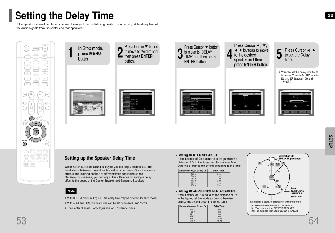 Samsung HT-P70, HT-TP75 Setting the Delay Time, Setting up the Speaker Delay Time, Button Press Cursor button 