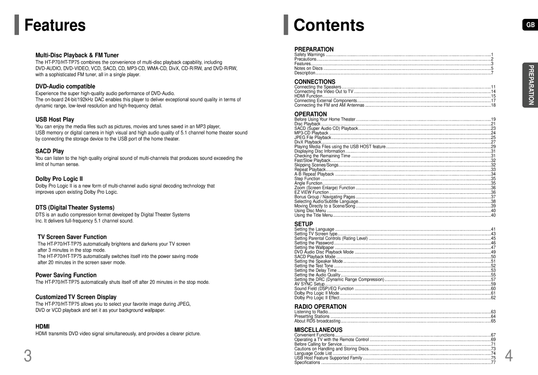 Samsung HT-TP75, HT-P70 instruction manual Features, Contents 