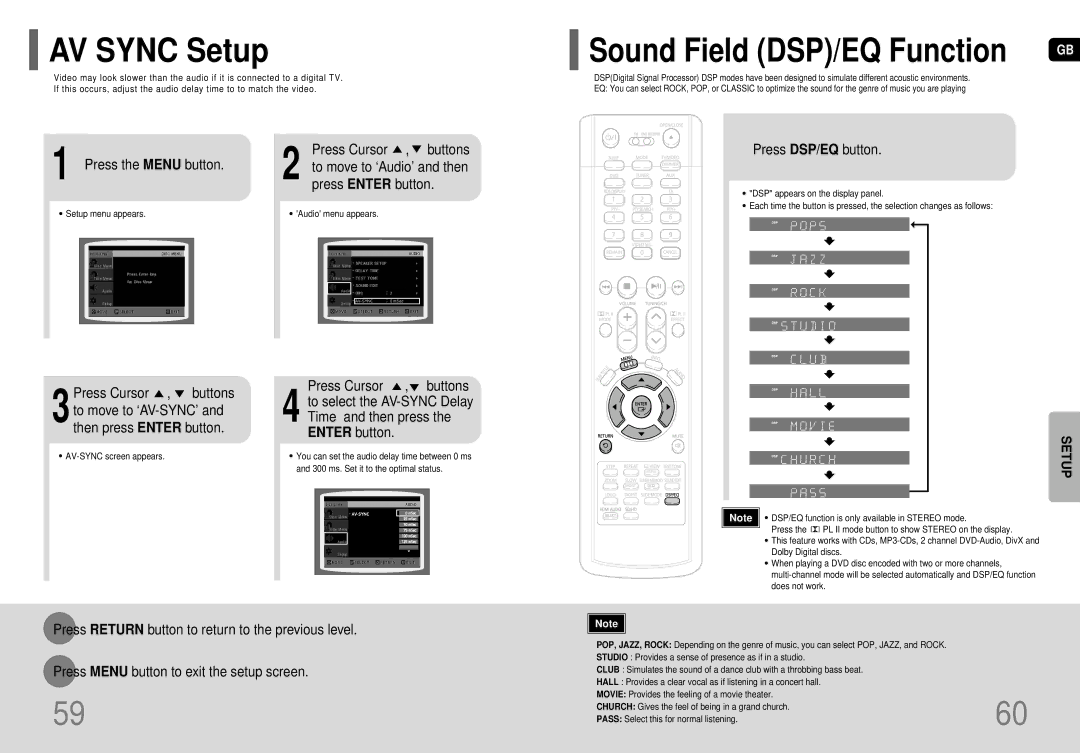 Samsung HT-TP75, HT-P70 instruction manual AV Sync Setup, Press the Menu button, Press Cursor , buttons, Press DSP/EQ button 