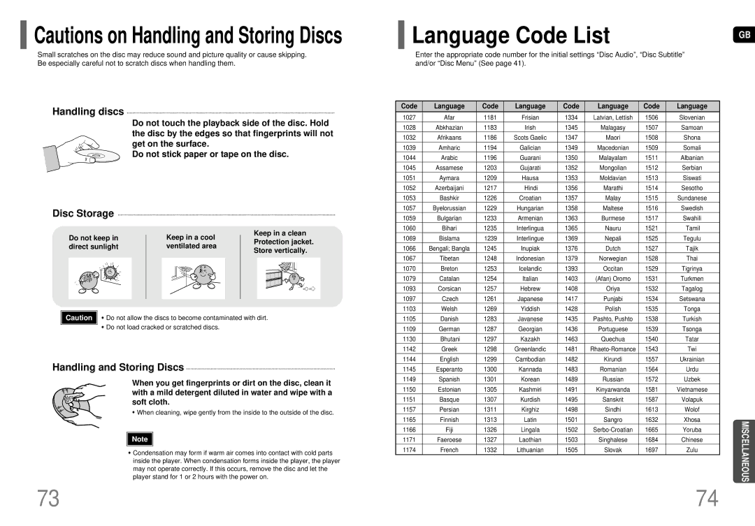 Samsung HT-P70, HT-TP75 instruction manual Language Code List, Handling discs, Disc Storage, Handling and Storing Discs 