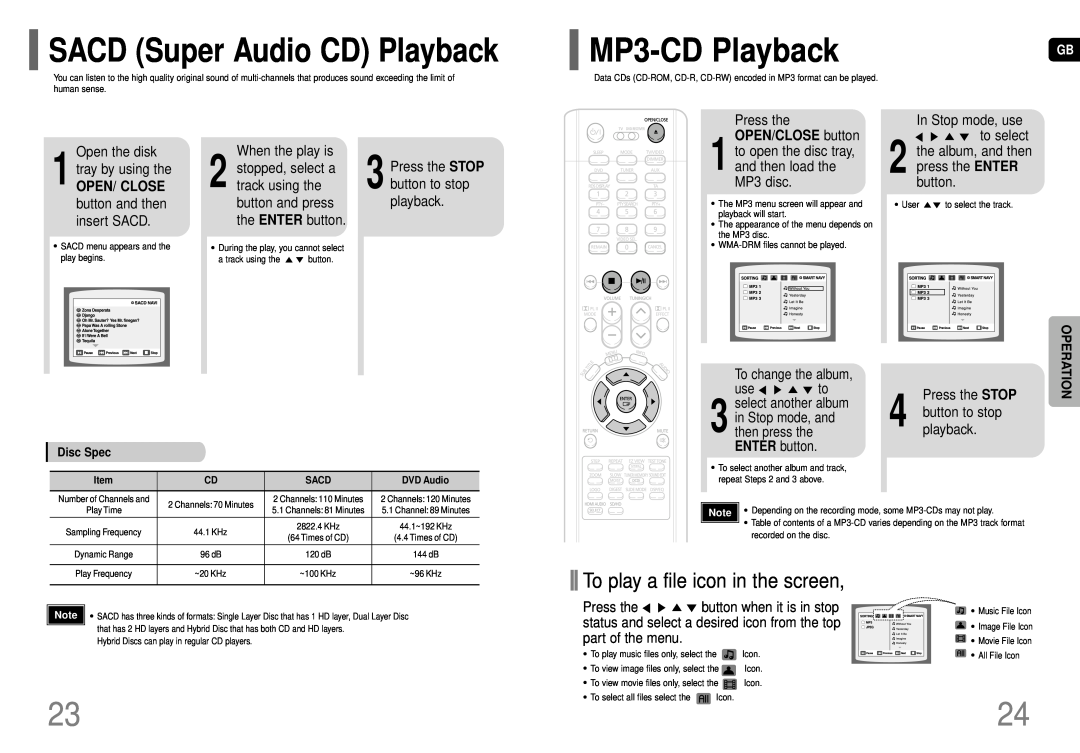 Samsung HT-TP75, HT-P70 MP3-CDPlayback, SACD Super Audio CD Playback, To play a file icon in the screen, When the play is 