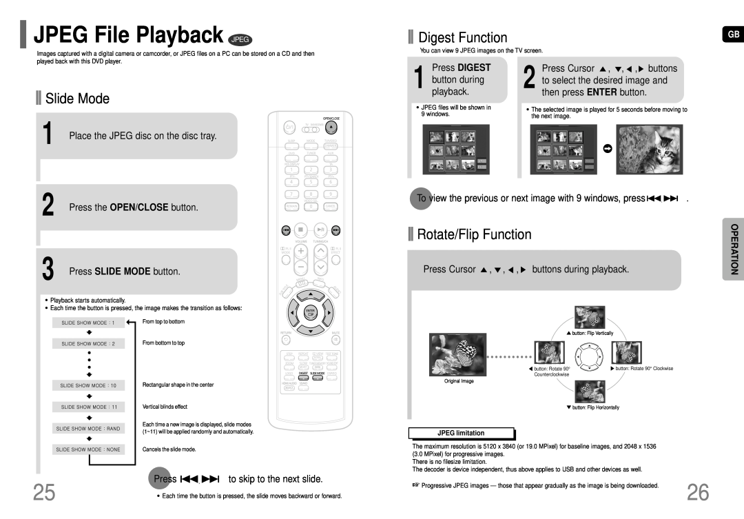 Samsung HT-P70, HT-TP75 JPEG File Playback JPEG, Slide Mode, Rotate/Flip Function, Digest Function, Press DIGEST 