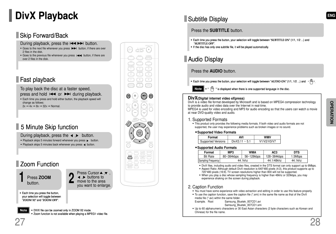 Samsung HT-TP75 DivX Playback, Subtitle Display, Skip Forward/Back, Fast playback, Minute Skip function, Audio Display 