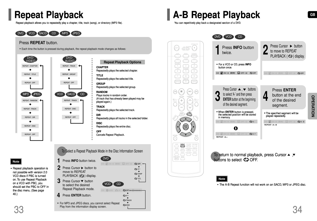 Samsung HT-P70 A-BRepeat Playback, 1 2, Press REPEAT button, Press INFO button twice, Press ENTER, Press Cursor button 