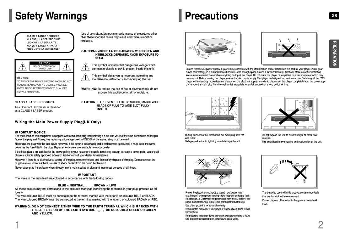 Samsung HT-P70 Safety Warnings, PrecautionsGB, Preparation, Wiring the Main Power Supply PlugUK Only, Important Notice 
