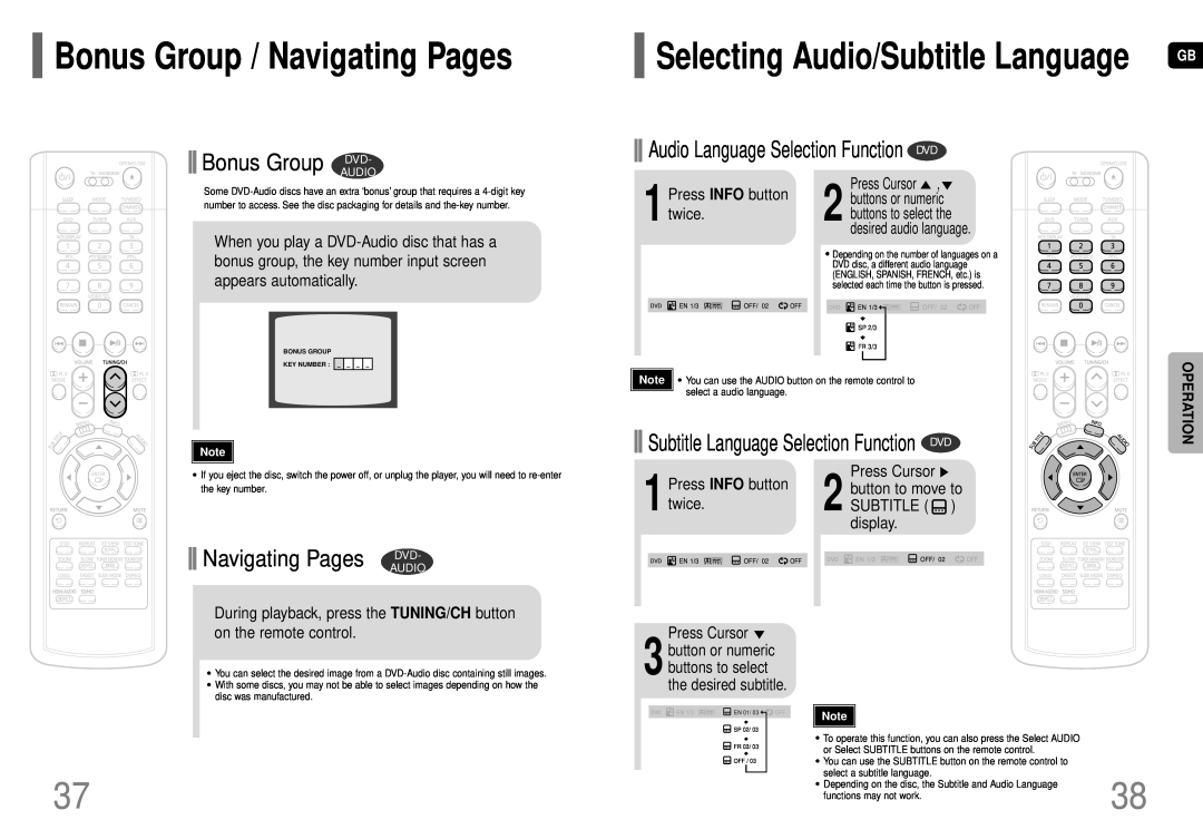 Samsung HT-P70 Bonus Group / Navigating Pages, Bonus Group DVD, Audio Language Selection Function DVD, Press Cursor 