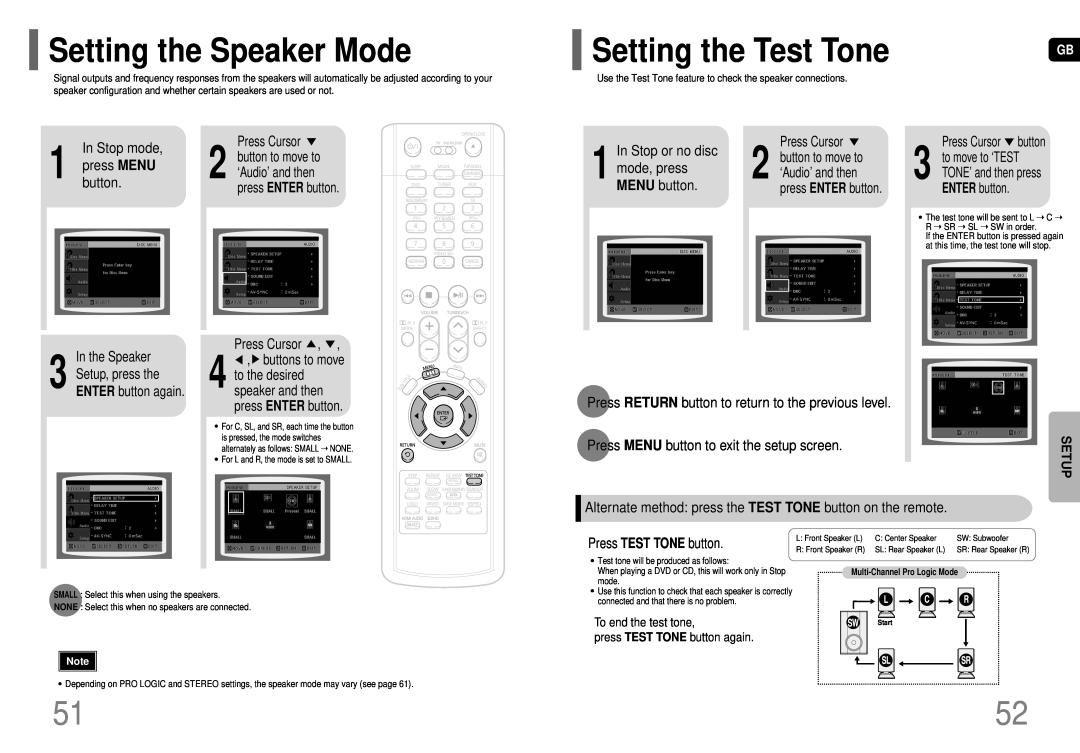 Samsung HT-TP75, HT-P70 instruction manual Setting the Speaker Mode, Setting the Test Tone 
