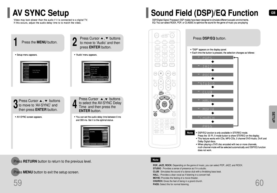 Samsung HT-TP75, HT-P70 AV SYNC Setup, Sound Field DSP/EQ Function, Press the MENU button, Press Cursor , buttons 