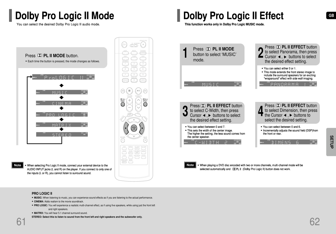 Samsung HT-P70 Dolby Pro Logic II Mode, Dolby Pro Logic II Effect, Press PL II MODE button, mode, button to select ‘MUSIC’ 