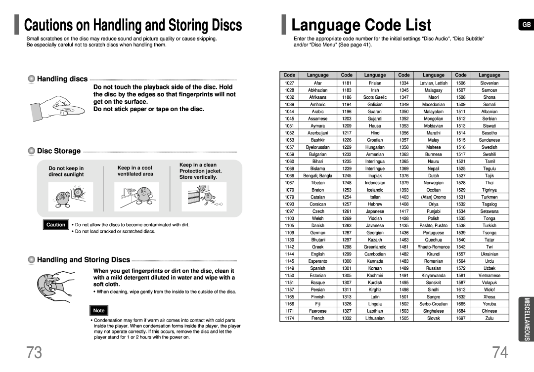 Samsung HT-P70 Language Code List, Cautions on Handling and Storing Discs, Handling discs, Disc Storage, Miscellaneous 