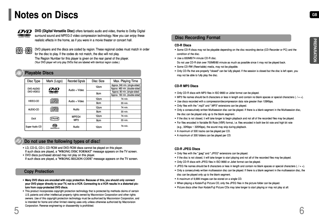Samsung HT-P70, HT-TP75 Notes on Discs, Copy Protection, CD-RDiscs, CD-RMP3 Discs, CD-RJPEG Discs, Preparation 