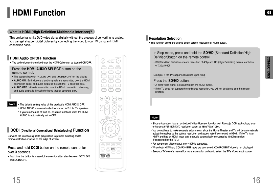 Samsung HT-TP75 HDMI Function, HDMI Audio ON/OFF function, Resolution Selection, Definitionbutton on the remote control 