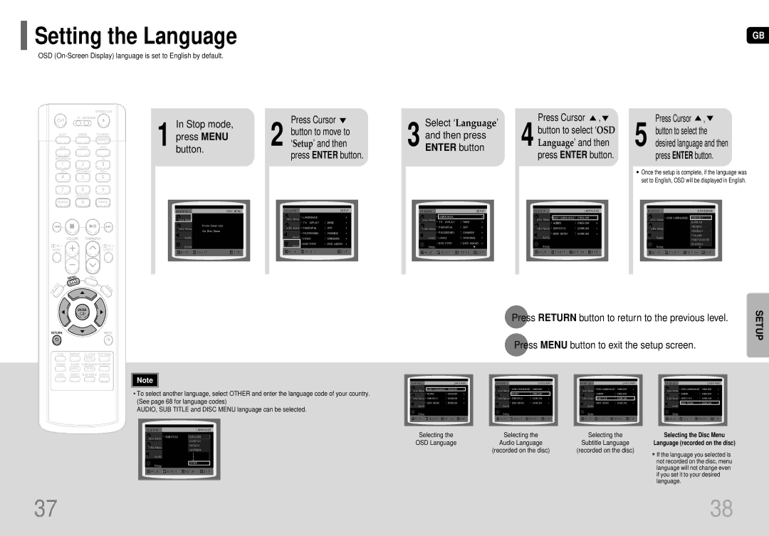 Samsung HT-P70R/ELS Setting the Language, Stop mode Press Cursor, Button to move to Press Menu Then press ‘Setup’ and then 