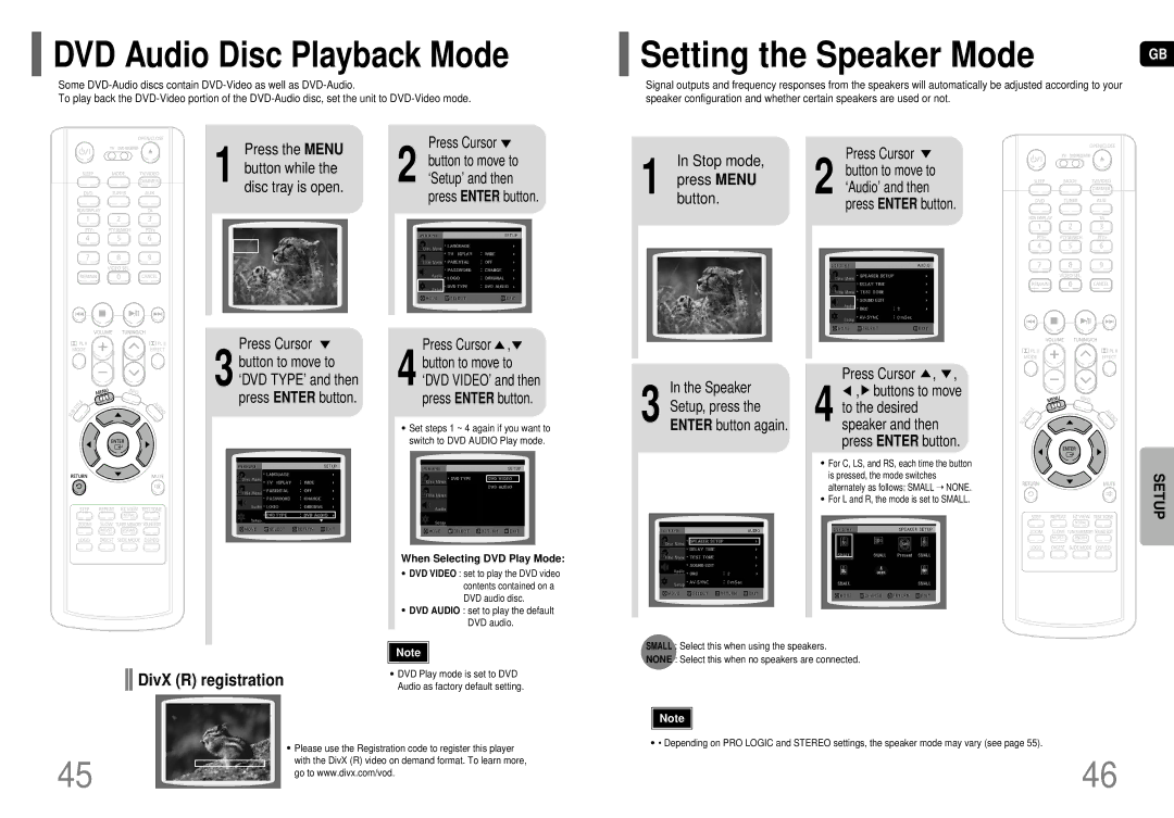 Samsung HT-P70R/ELS, HT-P70NR/ELS manual DVD Audio Disc Playback Mode, Setting the Speaker Mode, DivX R registration 