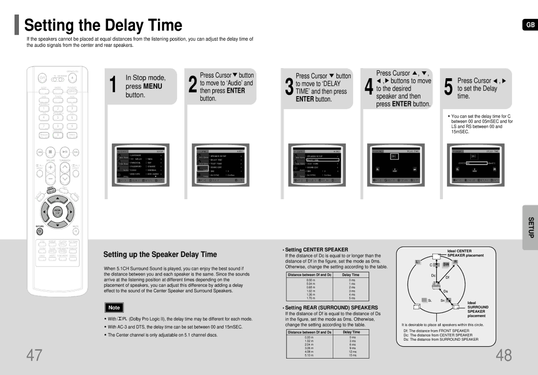 Samsung HT-P70NR/ELS, HT-P70R/ELS Setting the Delay Time, Setting up the Speaker Delay Time, Button Press Cursor button 