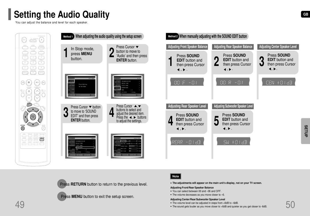 Samsung HT-P70R/ELS manual Setting the Audio Quality, Button Enter button, Press Sound, Edit button and then press Cursor 