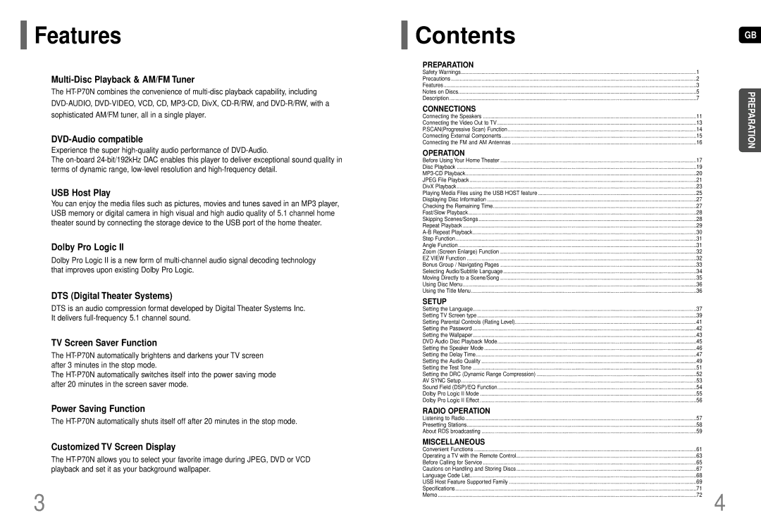 Samsung HT-P70NR/ELS, HT-P70R/ELS manual Features, Contents 