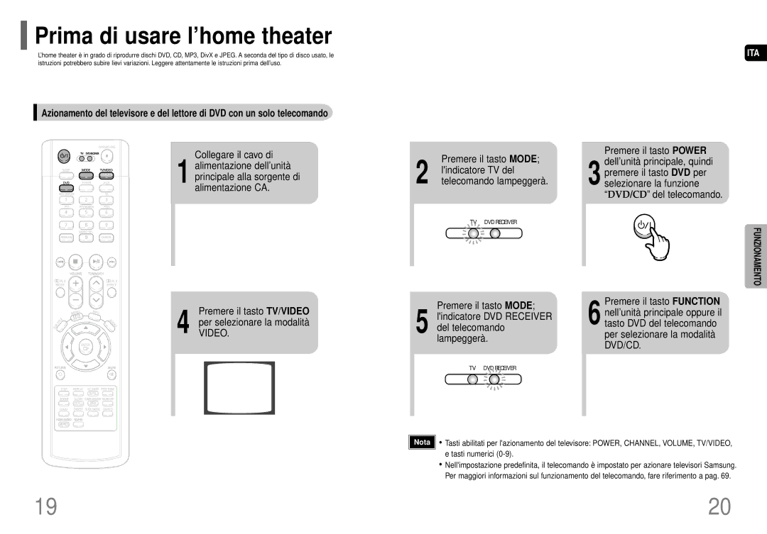 Samsung HT-P70NR/ELS Prima di usare l’home theater, Collegare il cavo di, Premere il tasto Mode, Premere il tasto Function 