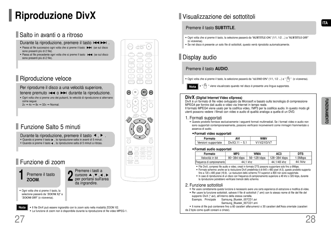 Samsung HT-P70NR/ELS, HT-P70R/ELS manual Riproduzione DivX, Zoom 