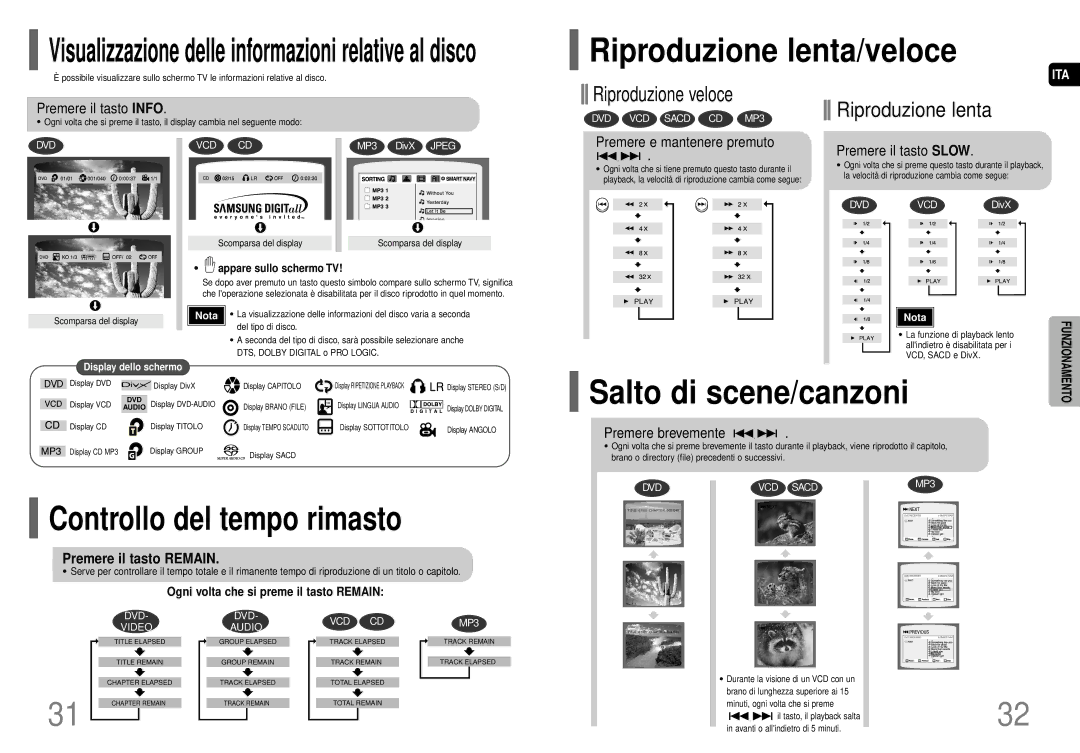 Samsung HT-P70NR/ELS, HT-P70R/ELS manual Riproduzione lenta/veloce, Controllo del tempo rimasto, Salto di scene/canzoni 