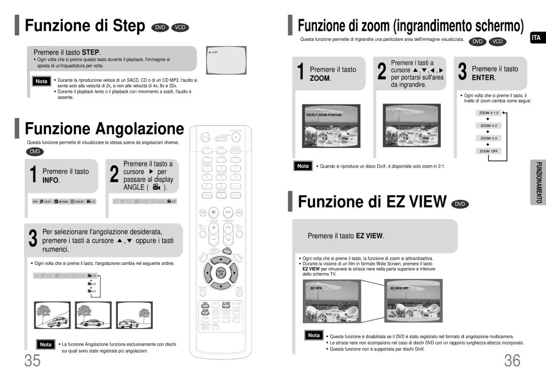 Samsung HT-P70NR/ELS, HT-P70R/ELS manual Funzione di Step DVD VCD, Funzione Angolazione, Funzione di EZ View DVD 