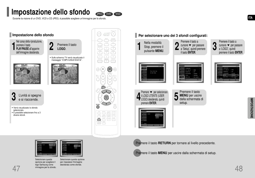 Samsung HT-P70NR/ELS, HT-P70R/ELS manual Impostazione dello sfondo Jpeg DVD VCD, Stop, premere il, Premere Enter Setup 