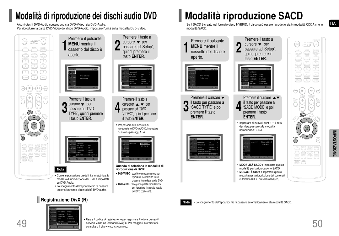 Samsung HT-P70R/ELS, HT-P70NR/ELS Modalità riproduzione Sacd, Registrazione DivX R, ‘SACD MODE’ e poi Premere il tasto 