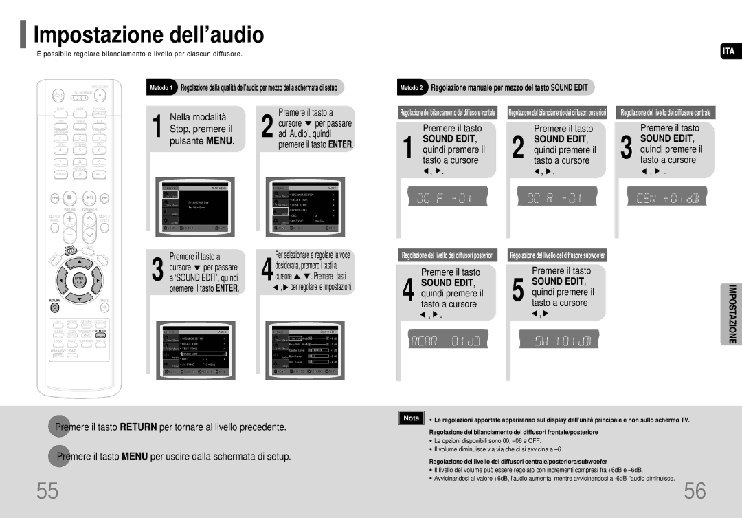 Samsung HT-P70NR/ELS, HT-P70R/ELS Impostazione dell’audio, Quindi premere il tasto a cursore, Cursore , . Premere i tasti 