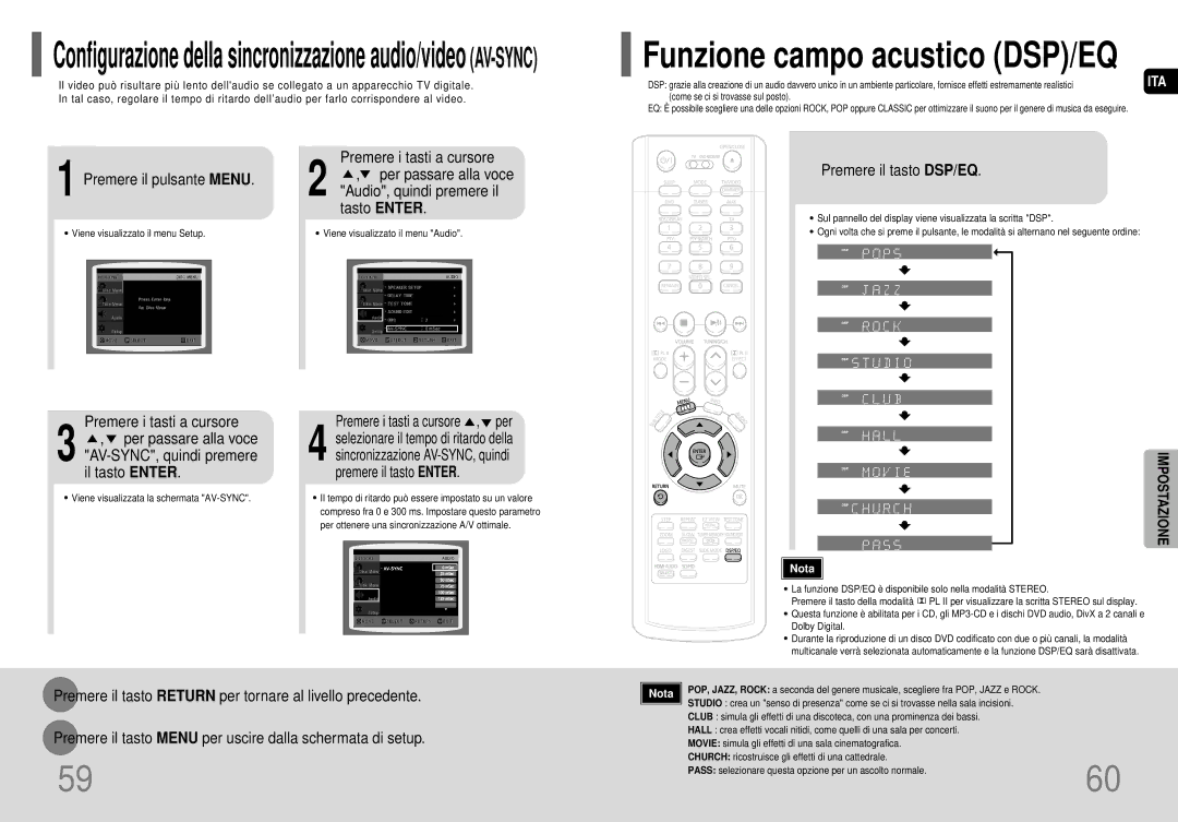 Samsung HT-P70NR/ELS, HT-P70R/ELS manual Premere il pulsante Menu, Premere il tasto DSP/EQ, Premere i tasti a cursore , per 