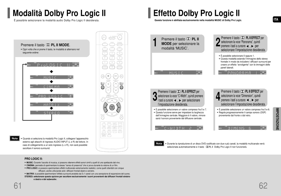 Samsung HT-P70R/ELS, HT-P70NR/ELS manual Modalità Dolby Pro Logic, Effetto Dolby Pro Logic, Premere il tasto PL II Mode 